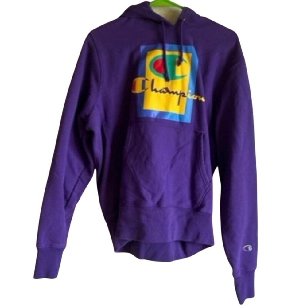 Champion Reverse Weave Hoodie Mens Medium Purple Graphic Logo Pullover EUC‎